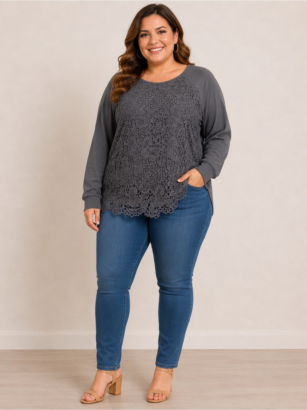 Adrianna Papell Plus Size Gray Crochet Lace Pullover Top Size XXL